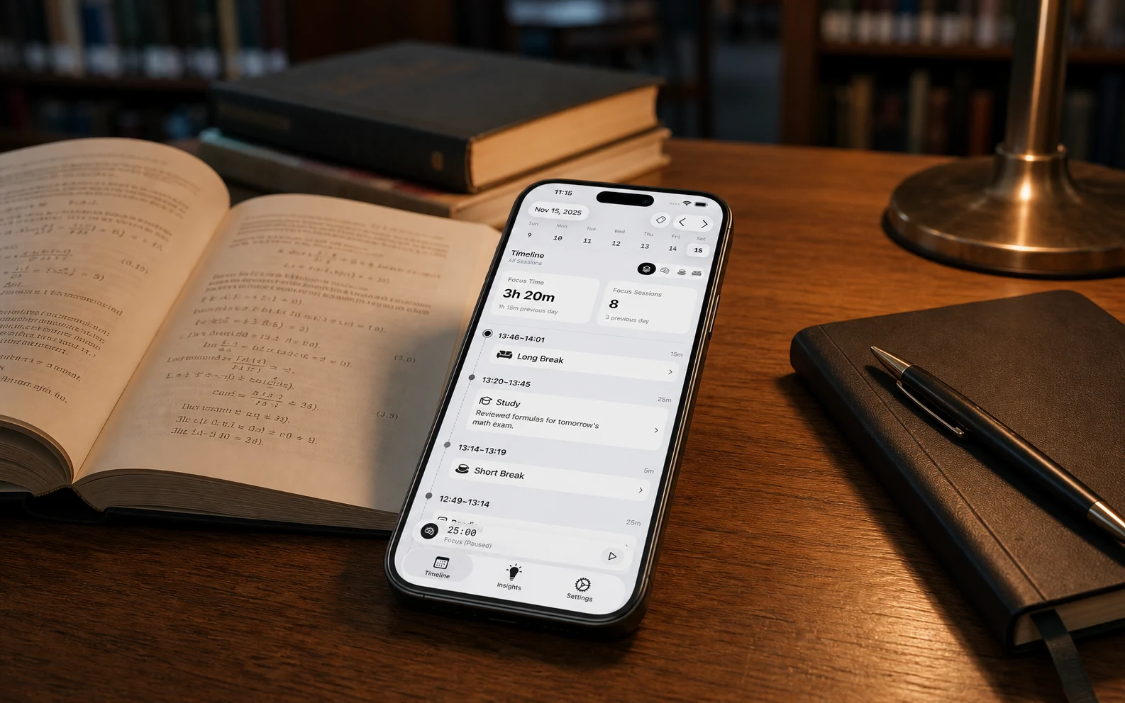 A smartphone showing the FocusKit Daily Progress timeline on a warm library study table beside an open textbook, notebook, pen, and reading lamp.