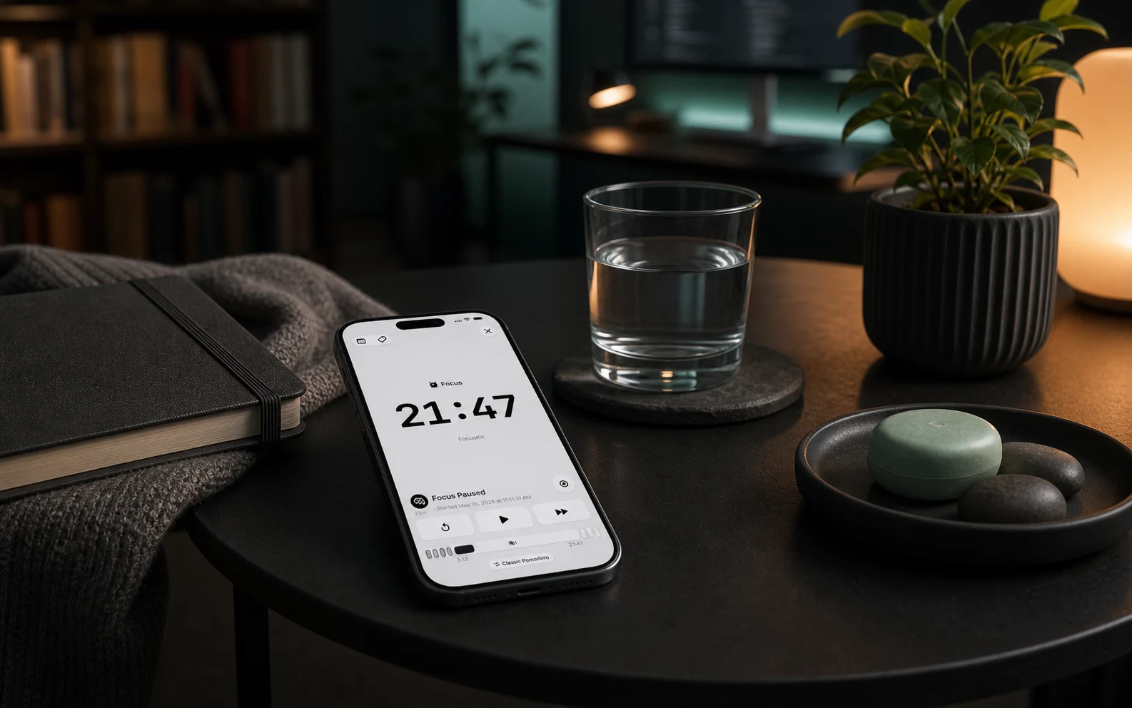 A calm break table with a smartphone showing a paused FocusKit-style timer beside water, a notebook, a plant, and warm lighting.