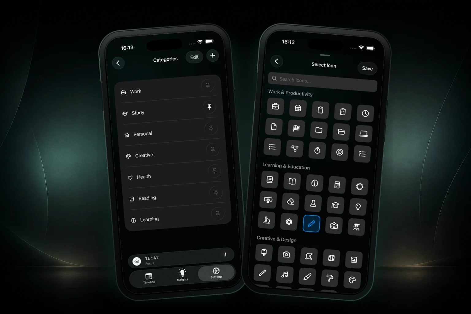 Two framed FocusKit screenshots showing category management and the icon picker on a dark background.
