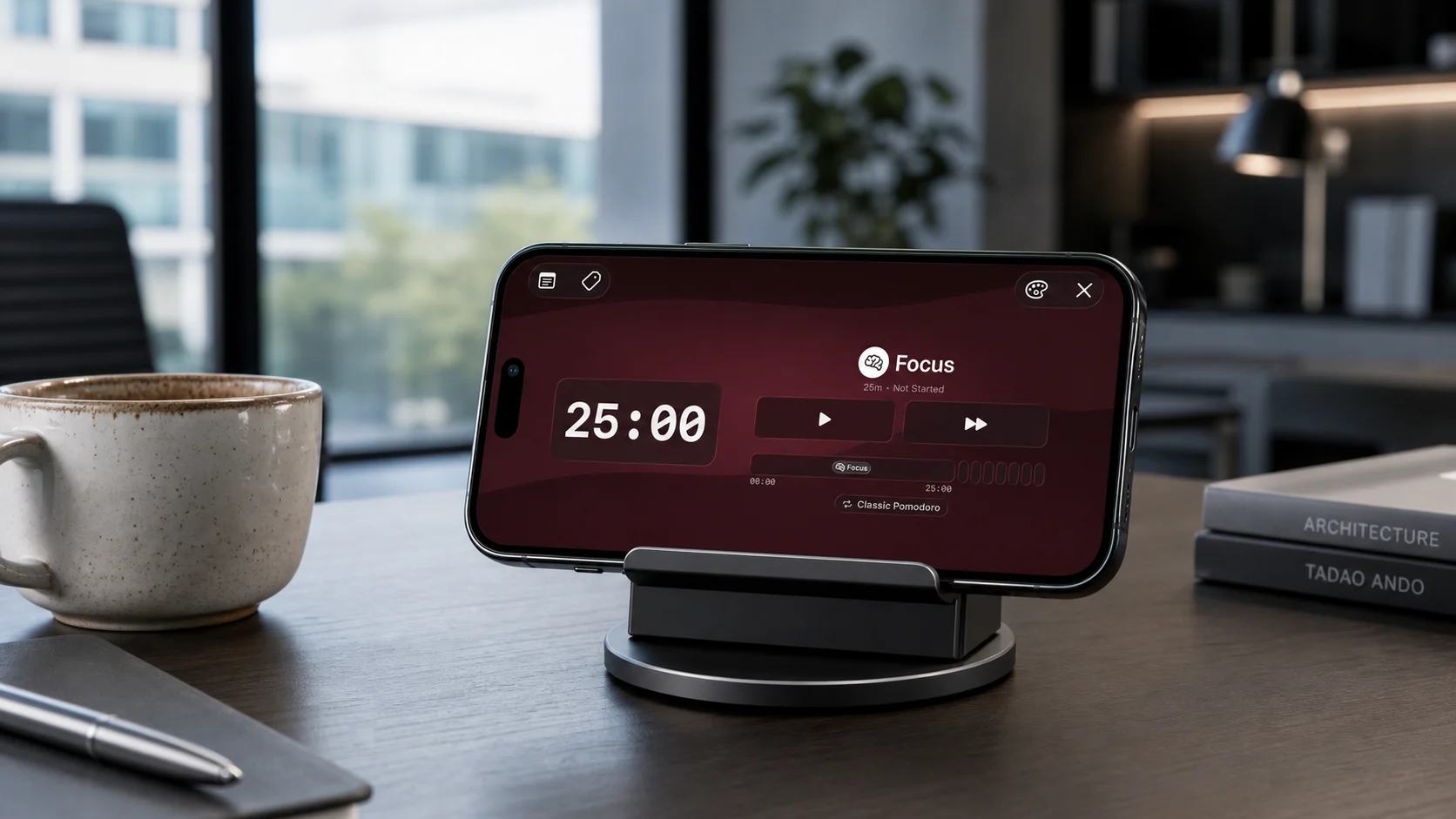 An iPhone on a desk stand showing FocusKit's landscape timer with a deep red theme, beside a coffee mug and books.