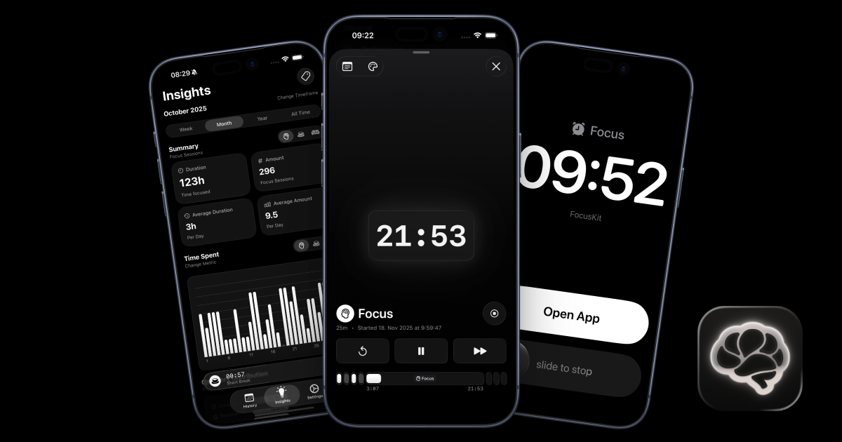 FocusKit launch artwork showing three iPhone screens and the FocusKit app icon.