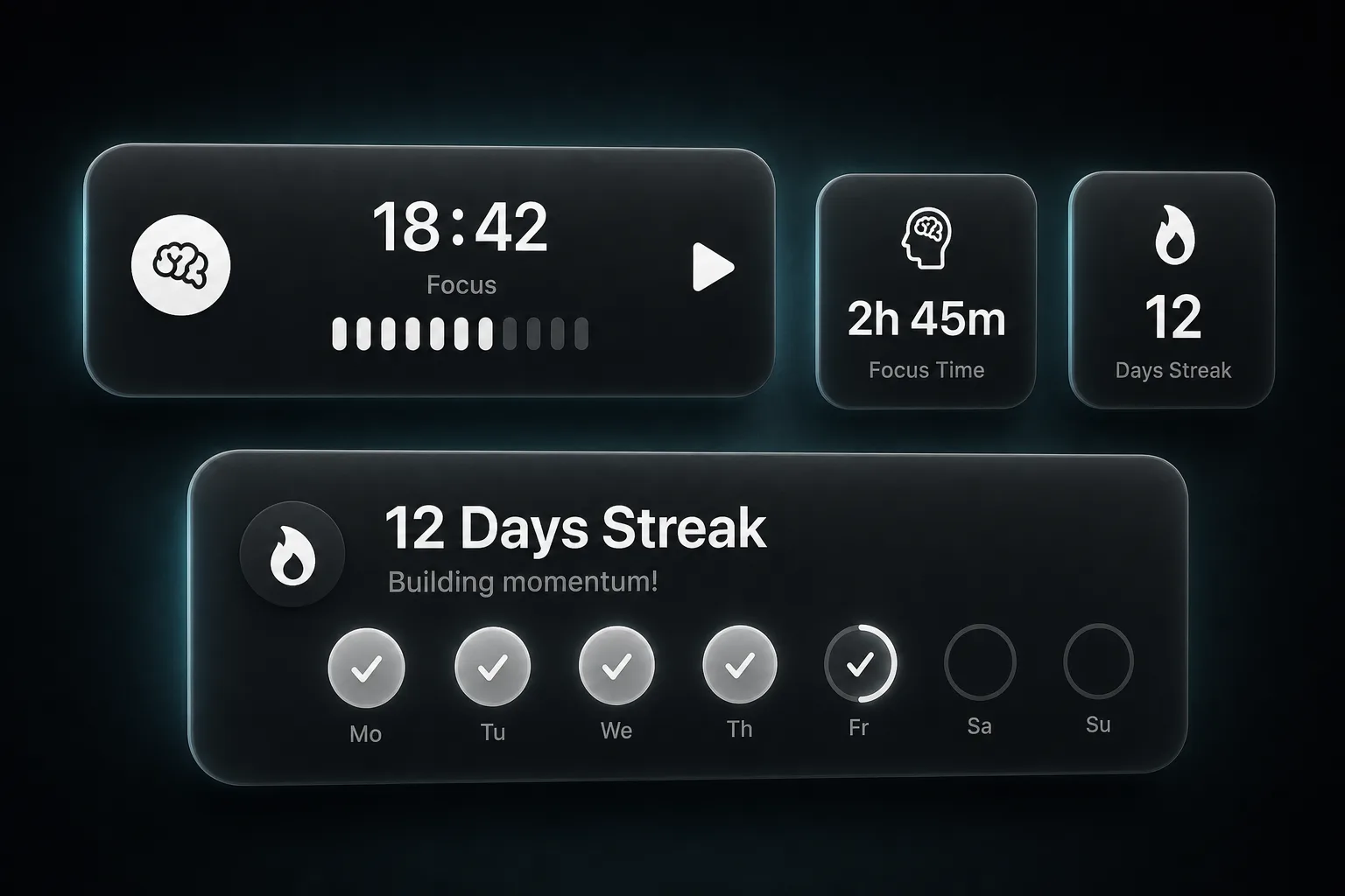 FocusKit Home Screen widgets showing an active focus timer, focus time, and streak momentum.
