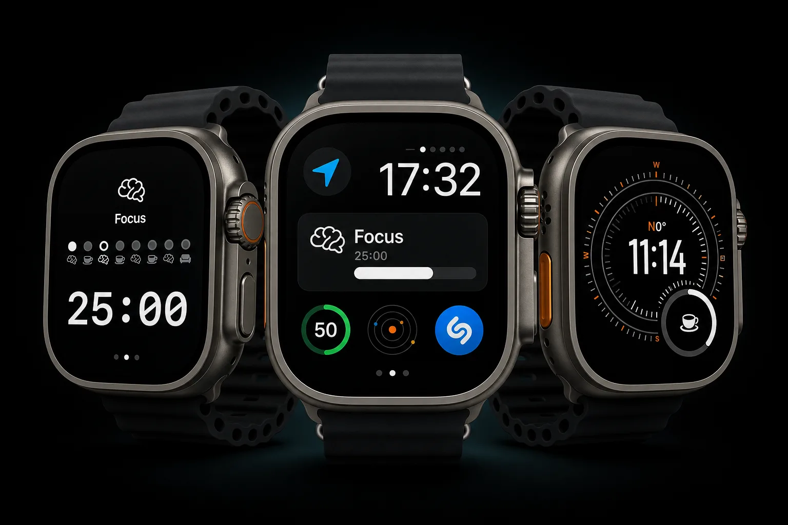 Three FocusKit Apple Watch screens shown inside Apple Watch Ultra style device frames.